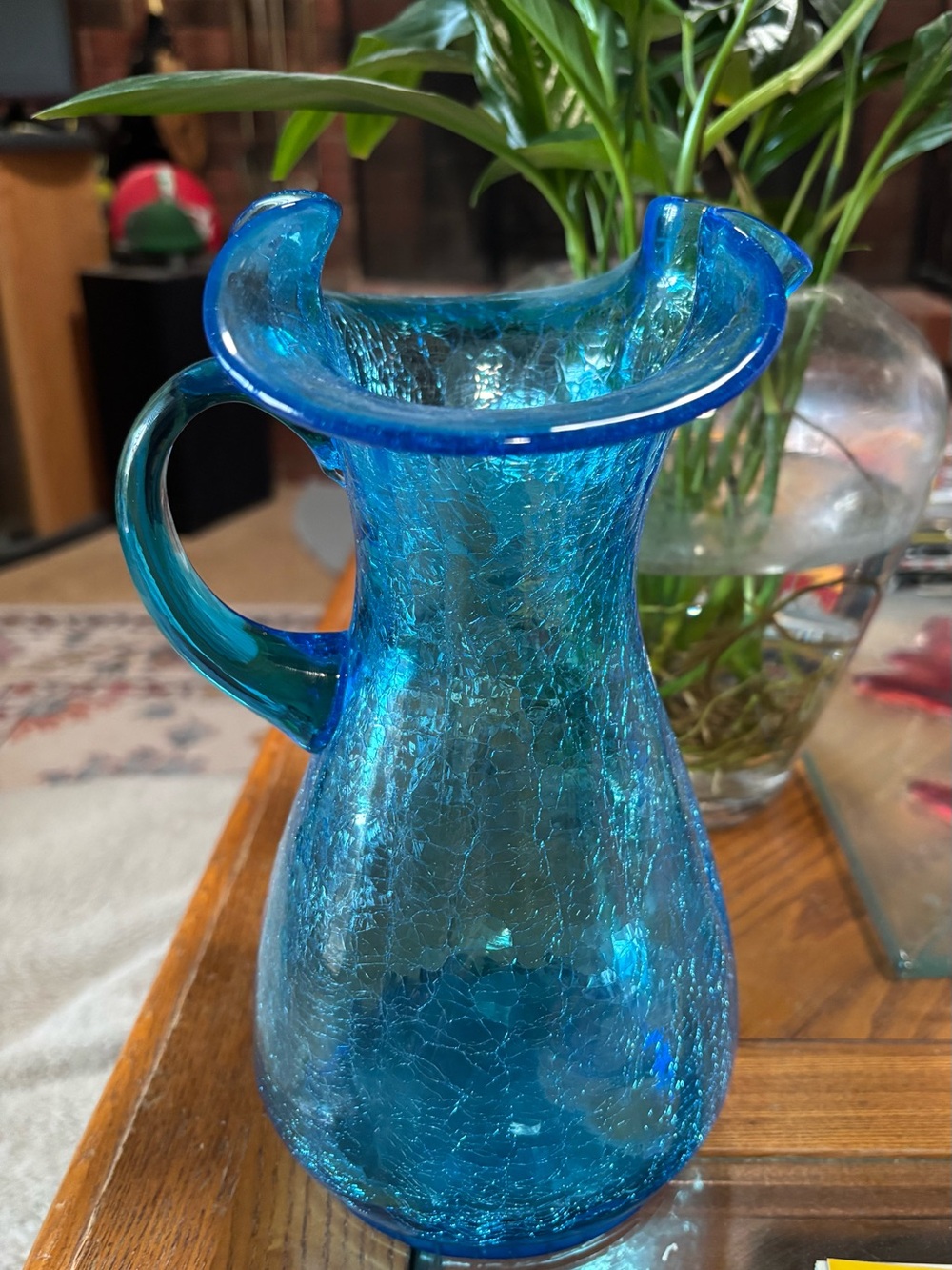 Blue Crackle Glass Decorative Pitcher Vase - Home Art
